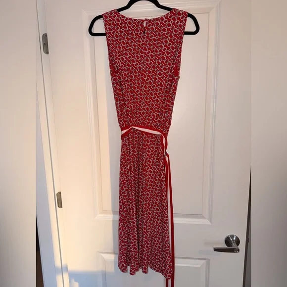 Lauren Ralph Lauren Red and White Chain Link Patterned Belted Midi Dress - Picture 9 of 11